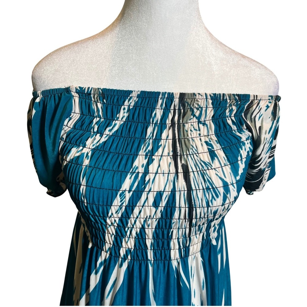 ❤️NWOT Teal Blue Maxi Dress Off Shoulder Short Sleeve Smocked Bohemian Medium - Picture 3 of 8